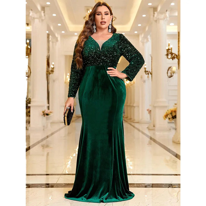 Plus Size Green Velvet Glitter V-Neck Long Sleeve Dress-Formal Elegance