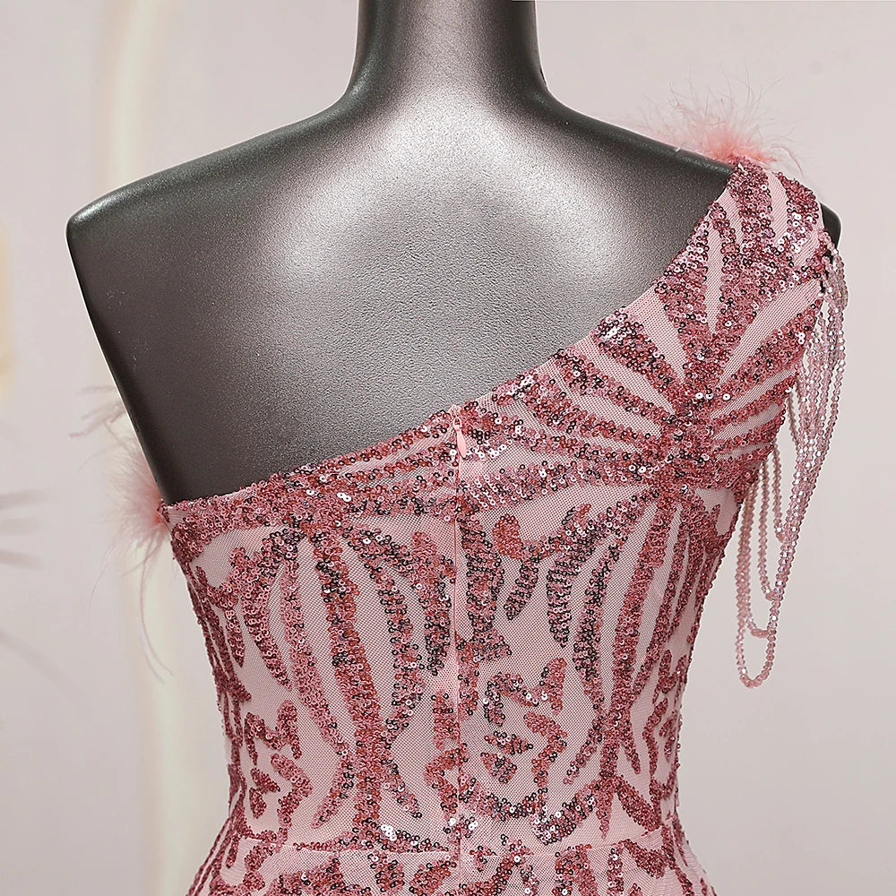 Pink Sequin Feathers One Shoulder Split Evening Formal Dress