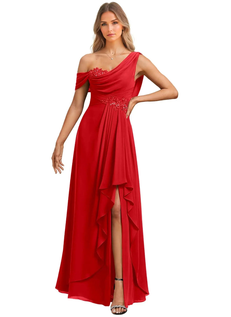 Red one-shoulder evening gown with embellishments on a white background