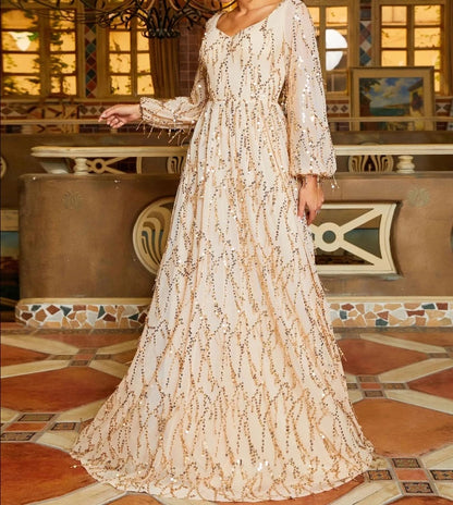 Elegant A-Line Lantern Sleeve Gold Sequin Evening Dress