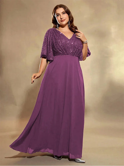 light purple chiffon and sequins v-neck short sleeve evening dress-formal elegance