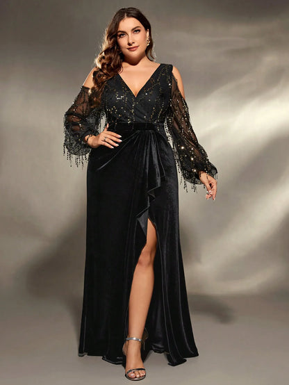 black plus size velvet and sequin maxi length party dress-formal elegance