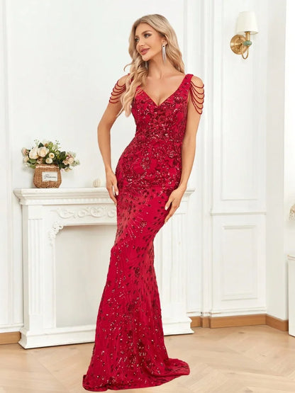 Red V-Neck Sequin Beading Mermaid Party Dresses