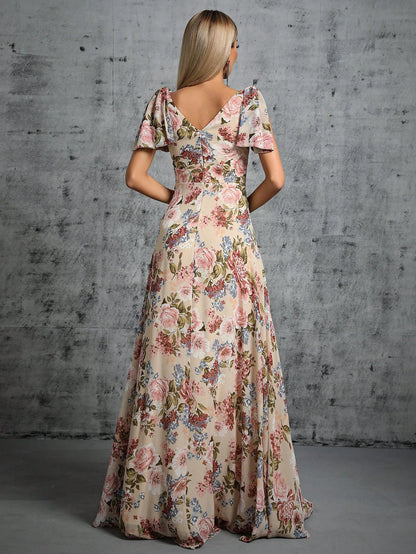 Floral Chiffon V Neck Short Sleeve Maxi Party Dress