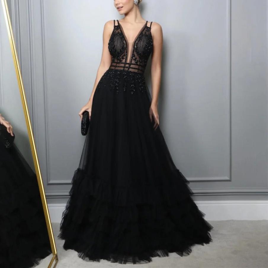 Black Tulle Beaded Ruffles Sequin A-Line Evening  Formal Dress