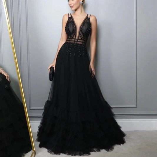 Black Tulle Beaded Ruffles Sequin A-Line Evening  Formal Dress-Formal Elegance