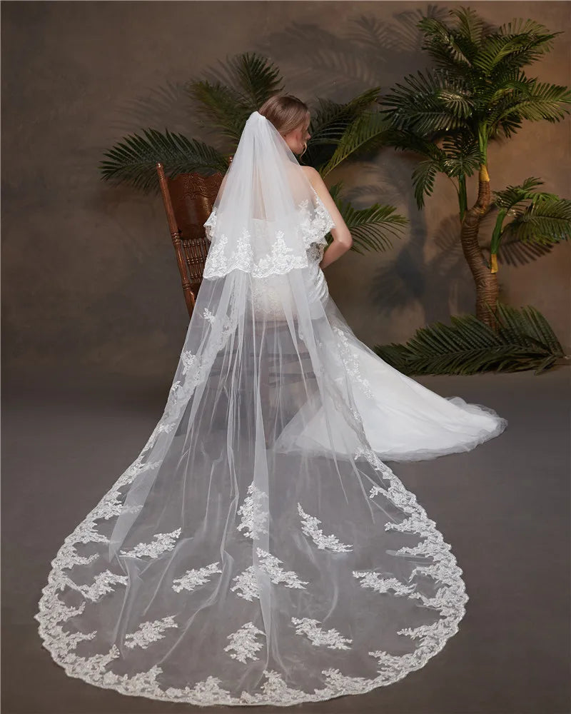 Applique Lace Blusher Cathedral Length Wedding Veil