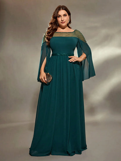 Plus Size Sheer Neckline Sequins Split Sleeve Evening Dress