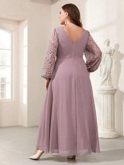 Plus Size Lace Long Sleeve Chiffon Evening Party Dress