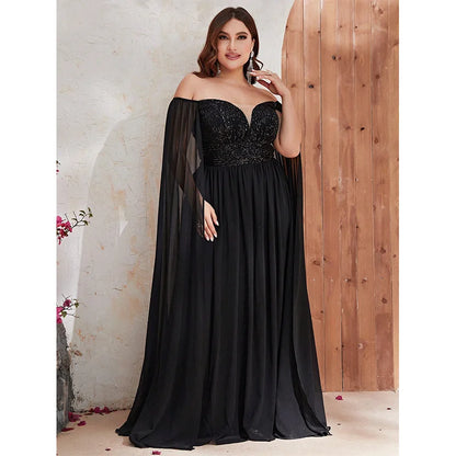 Plus Size Off Shoulder Cape Sleeve Sequin Evening Gown