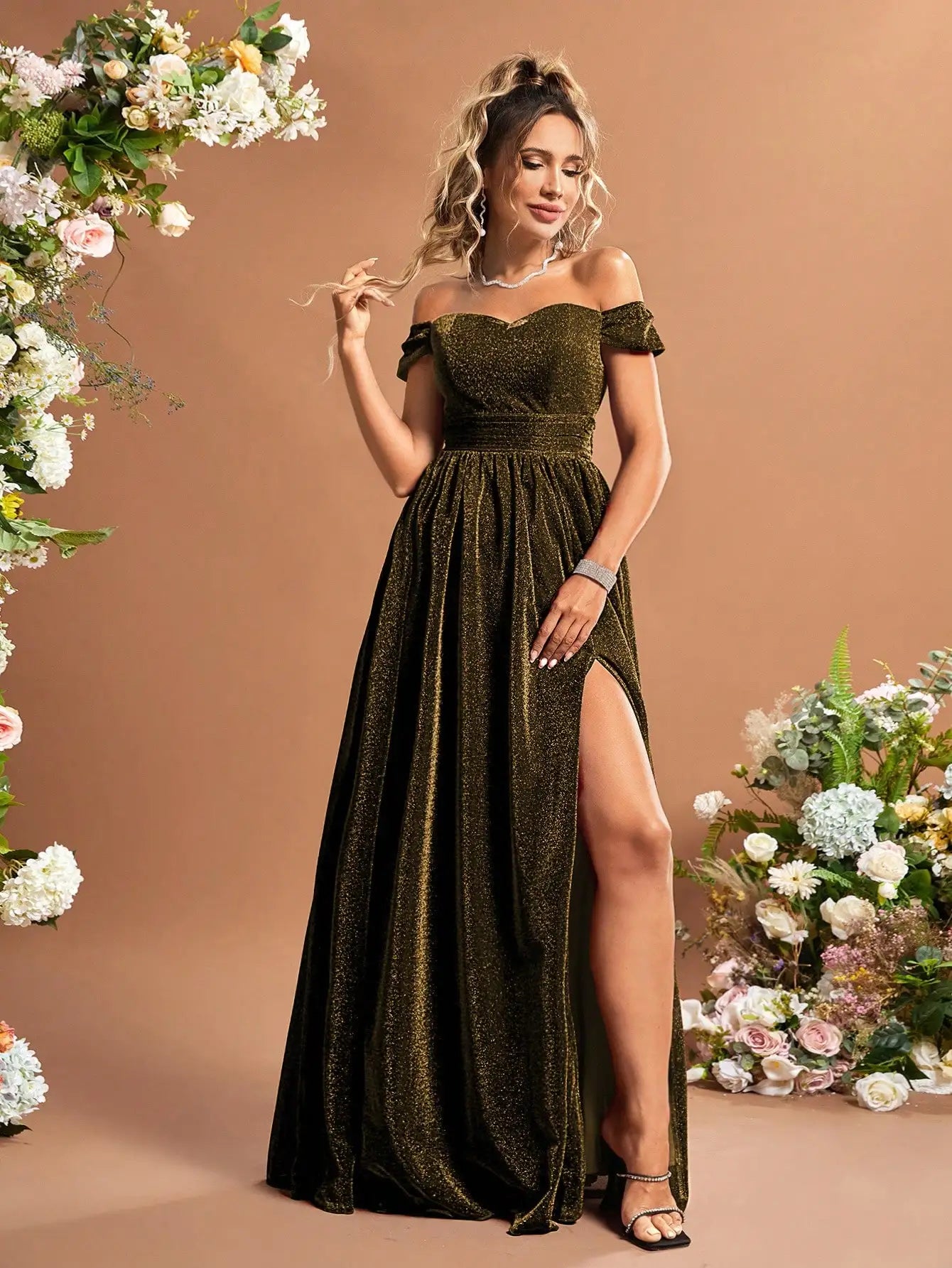 Off Shoulder Brown High Split Glitter Fit Flare Party Dress-Formal Elegance