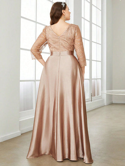 Champagne Round Neck Lace Sleeve Plus Size Party Dress