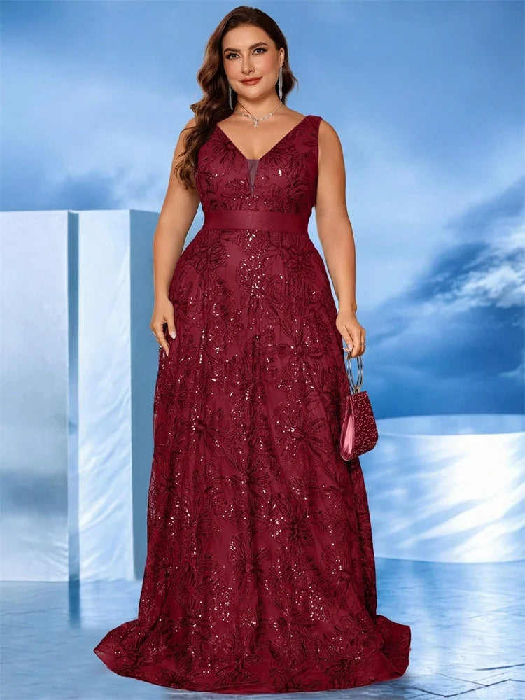 Elegant Burgundy colour shimmering sequins sleeveless formal dresses in sizes 14-24w