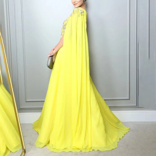 Yellow Chiffon Appliqued One Shoulder Evening Formal Gown