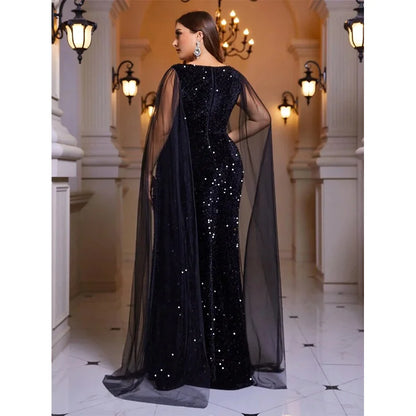 Plus Size A-Line Velvet Sequin Chiffon Shawl Long Evening Dress