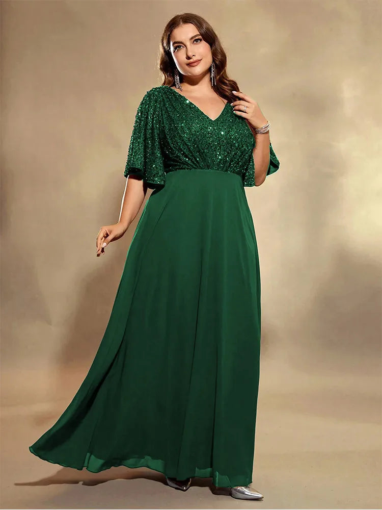 green chiffon and sequins v-neck short sleeve evening dress-formal elegance