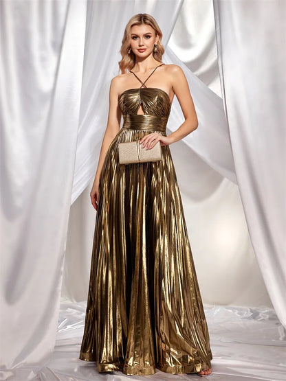 Gold Spaghetti Straps Pleated Metallic Satin Party Dress