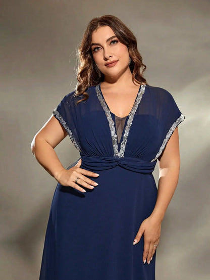 Navy Chiffon Silver Sequin Trim Plus Size Evening Dress