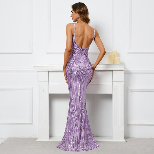 Light Purple Sequins V Neck Evening Dress