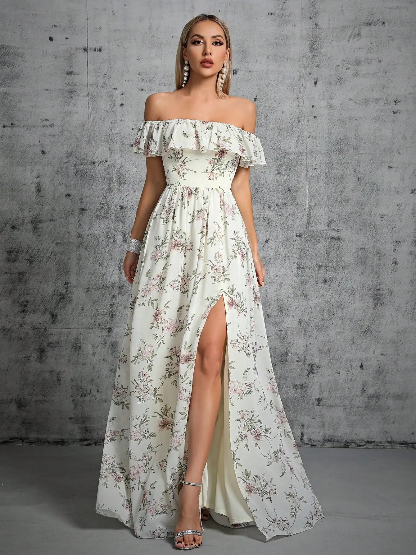 Ivory strapless with ruffle floral chiffon party maxi dress-formal elegance