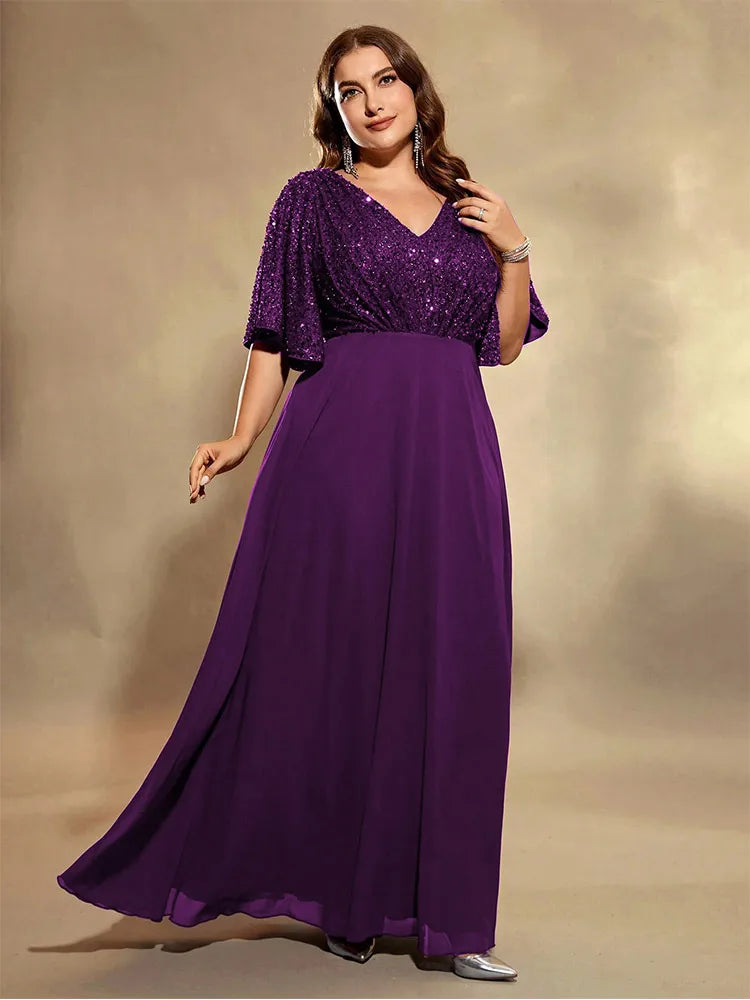 purple chiffon and sequins v-neck short sleeve evening dress-formal elegance