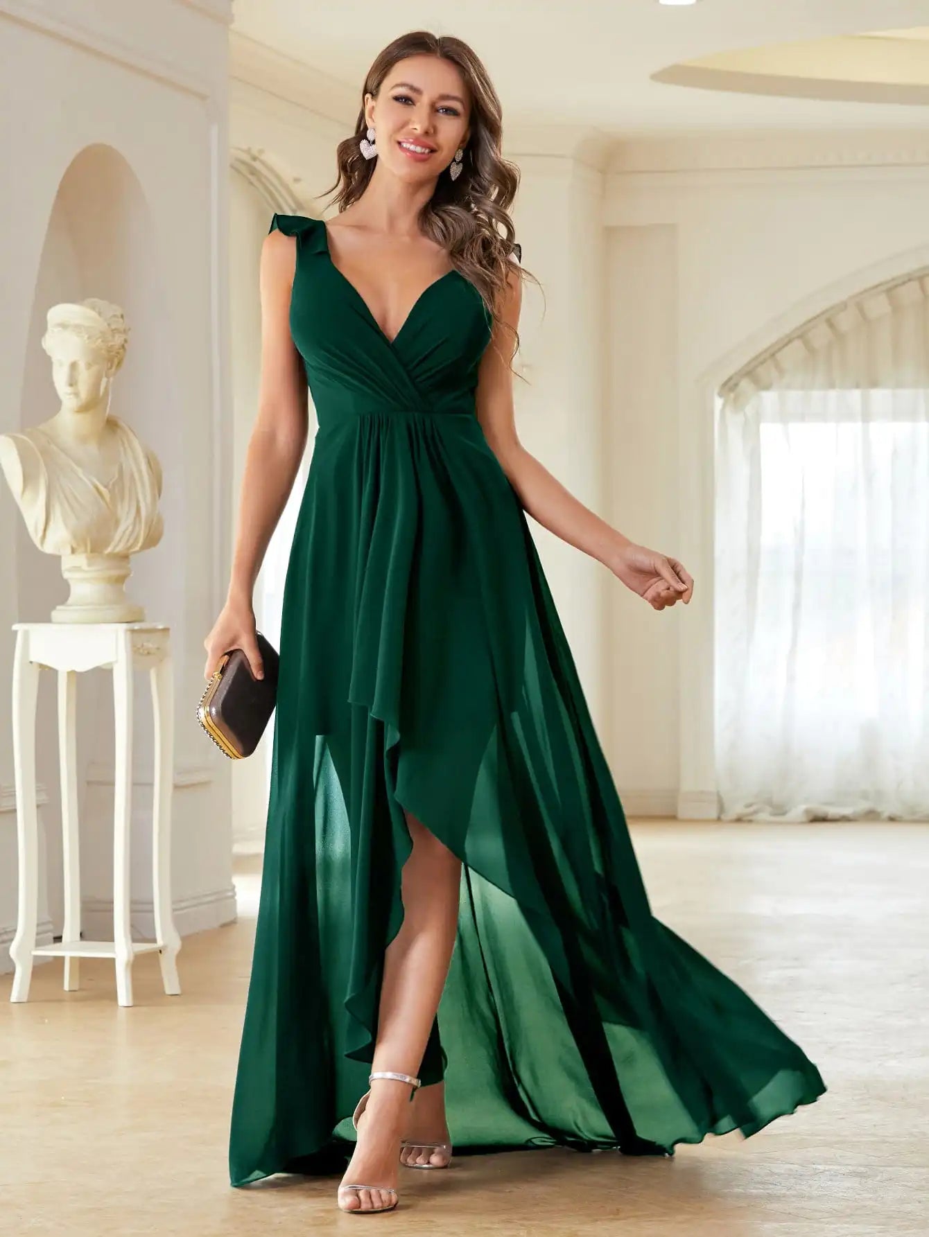 green chiffon high low party dress-formal elegance