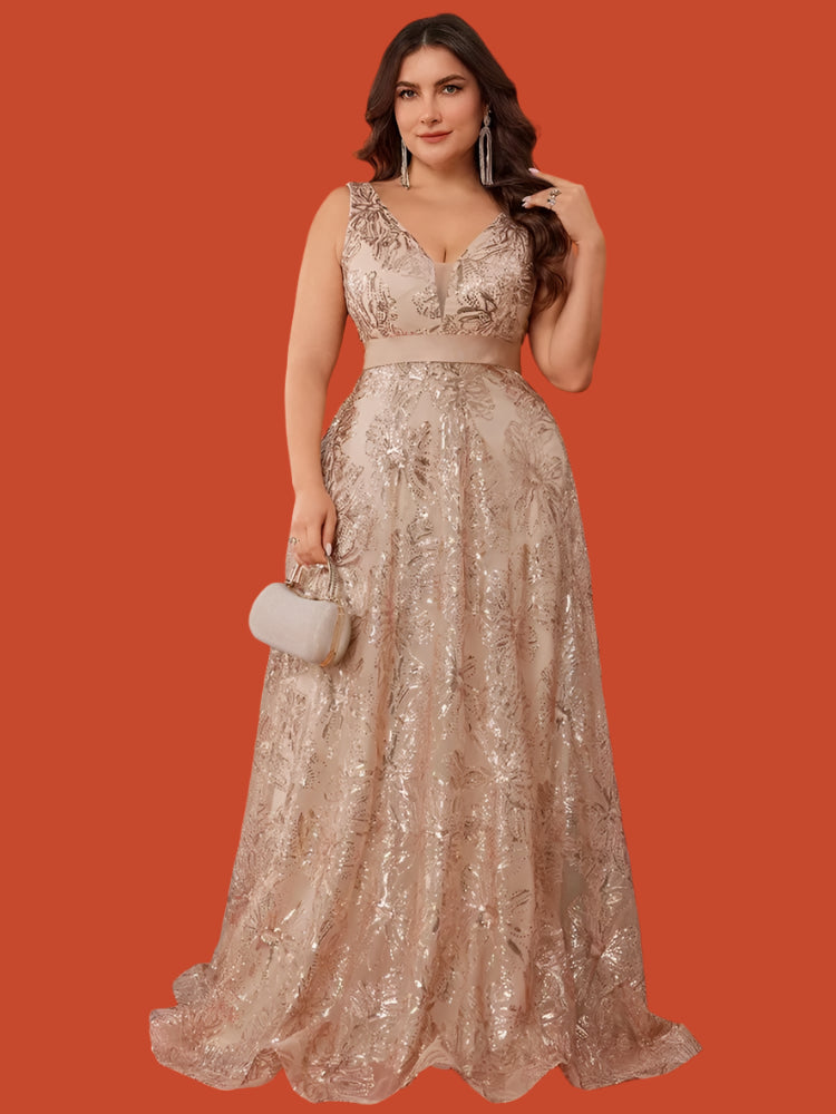 plus size sleeveless v-neck evening formal dresses in champagne colour with sparkling sequins sizes 14-24w