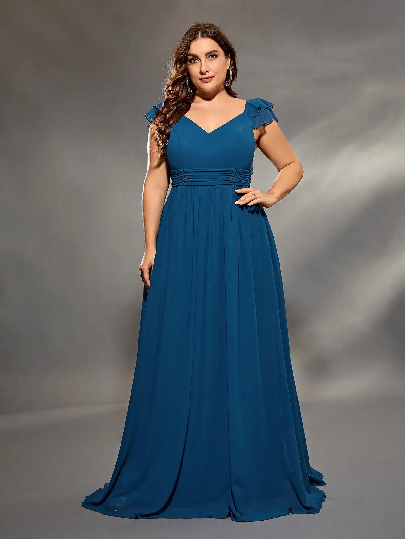 Blue Plus Size Cap Sleeve Chiffon Bridesmaid Party Dress