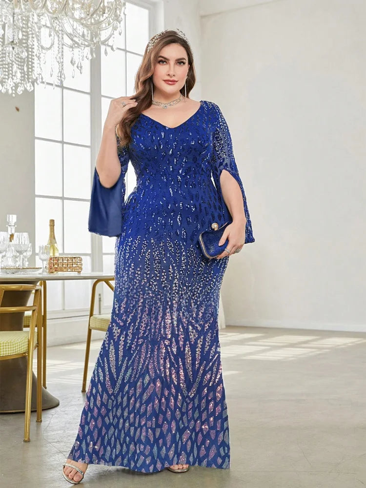 royal blue plus size sequin with long split sleeves evening dress-formal elegance