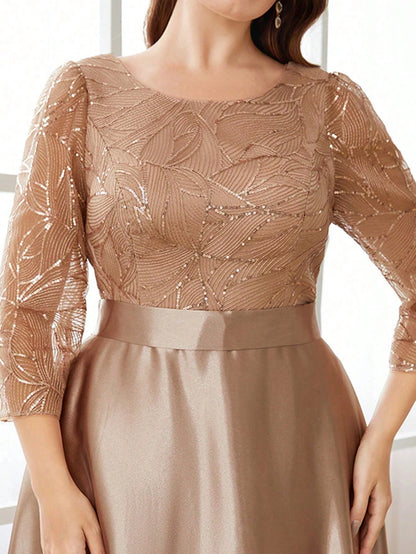 Champagne Round Neck Lace Sleeve Plus Size Party Dress