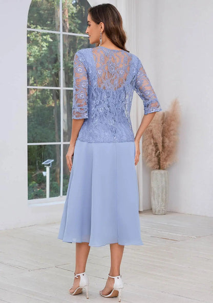Navy Blue Chiffon A-Line Dress With Jacket