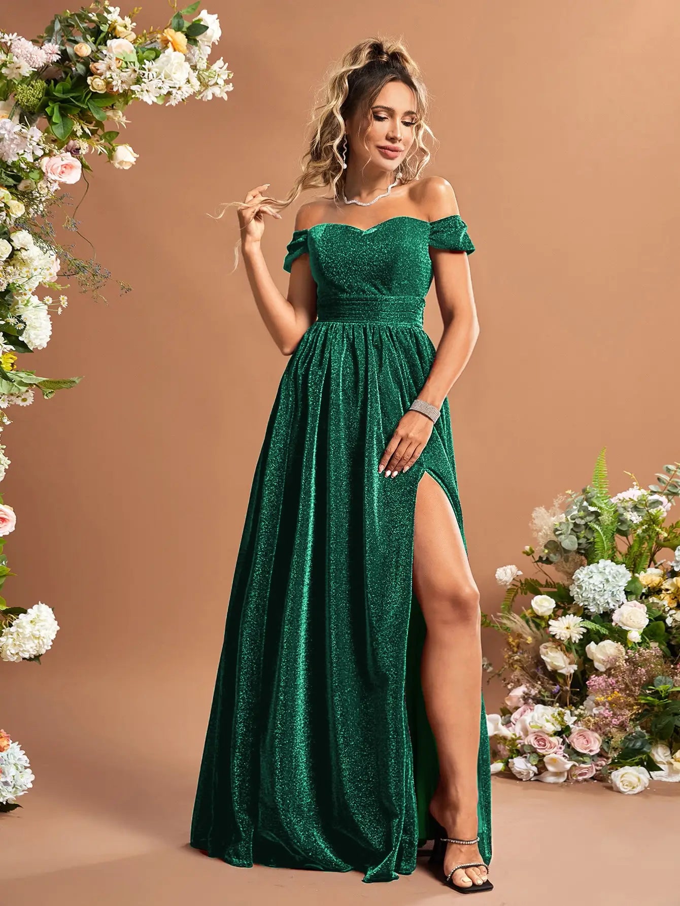 Off Shoulder Green High Split Glitter Fit Flare Party Dress-Formal Elegance