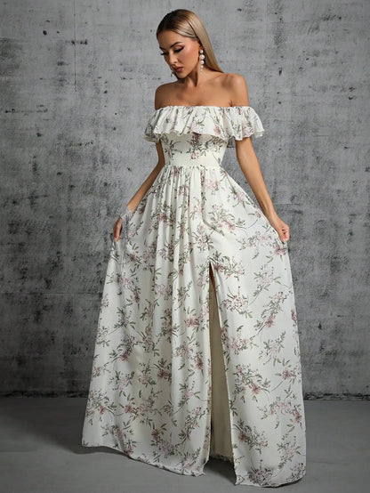 Ivory Strapless Ruffle Split Printed Chiffon Maxi Dress