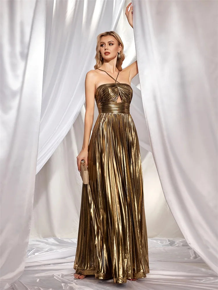 Gold Spaghetti Straps Pleated Metallic Satin Party Dress