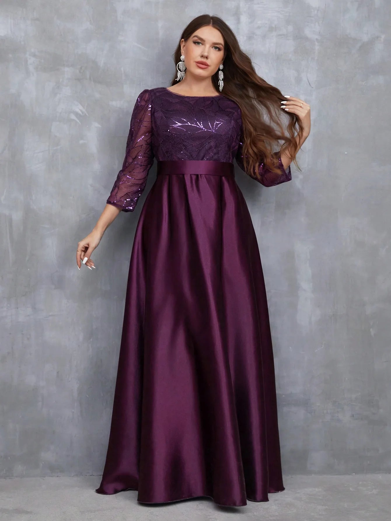 modest purple satin  3/4 length sleeves evening formal dress-formal elegance