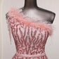 Pink Sequin Feathers One Shoulder Split Evening Formal Dress