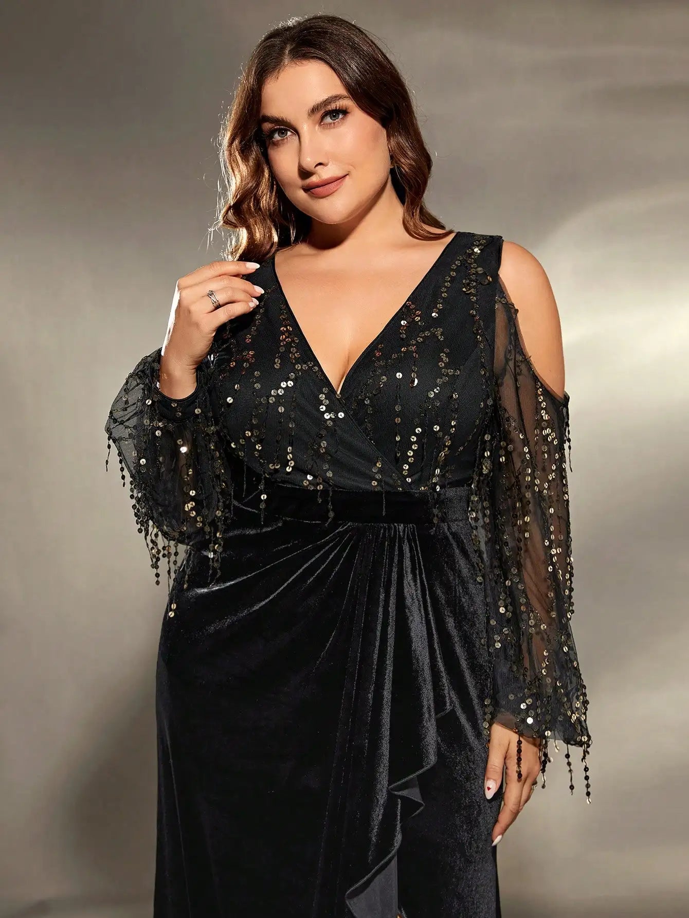 velvet with sequins v-neck evening gown