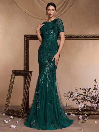 Green Short Sleeves Sequins Evening Dress