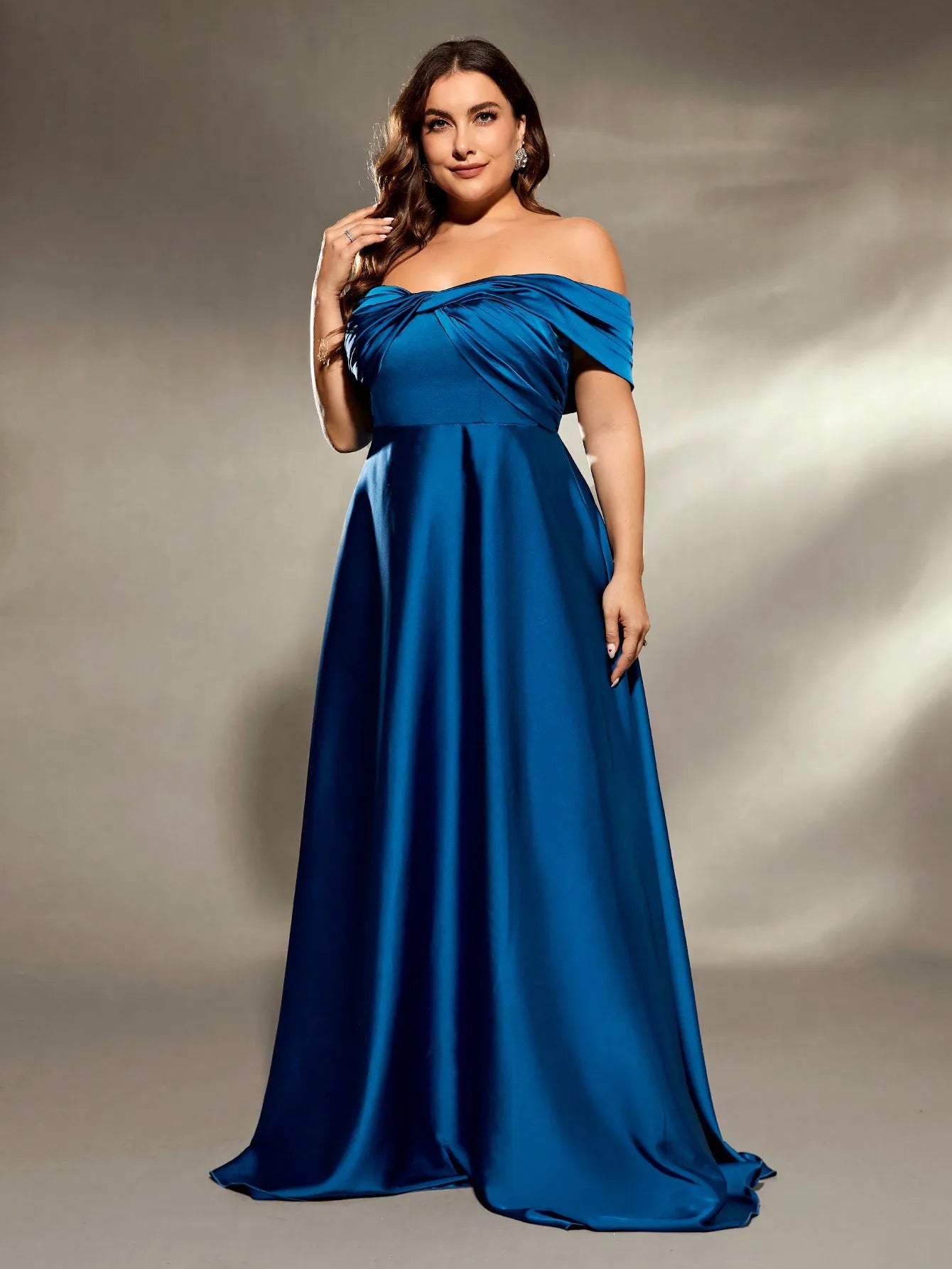 Blue Plus Size Off The Shoulder Satin Bridesmaid Party Dress