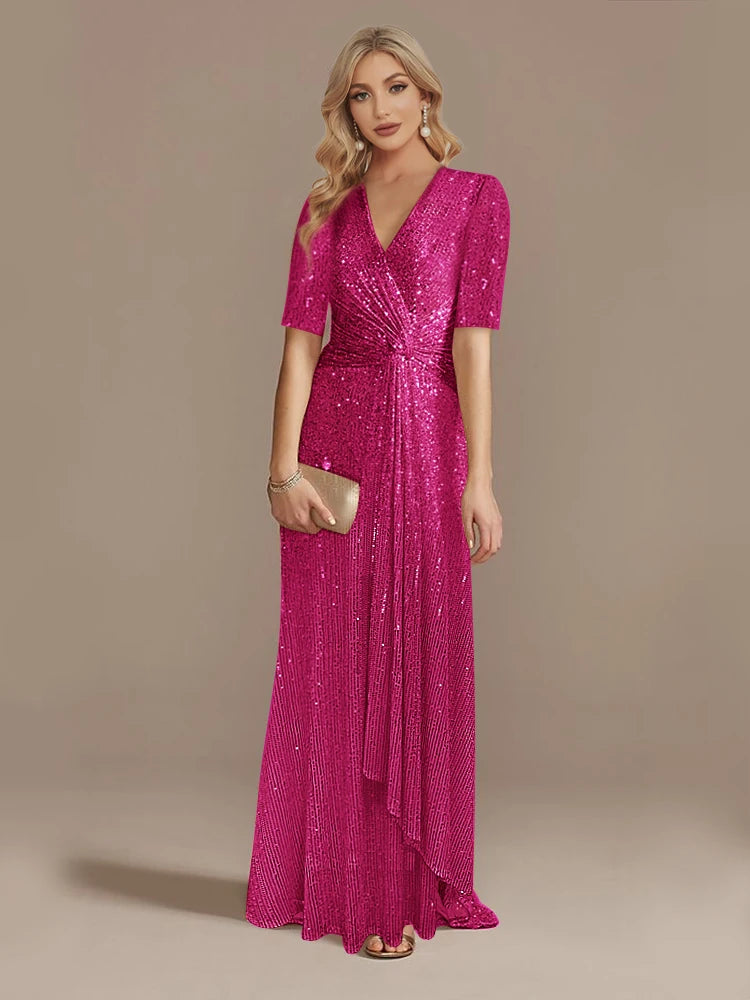 Elegant Floor Length V-Neck Sequin Evening Party Dress