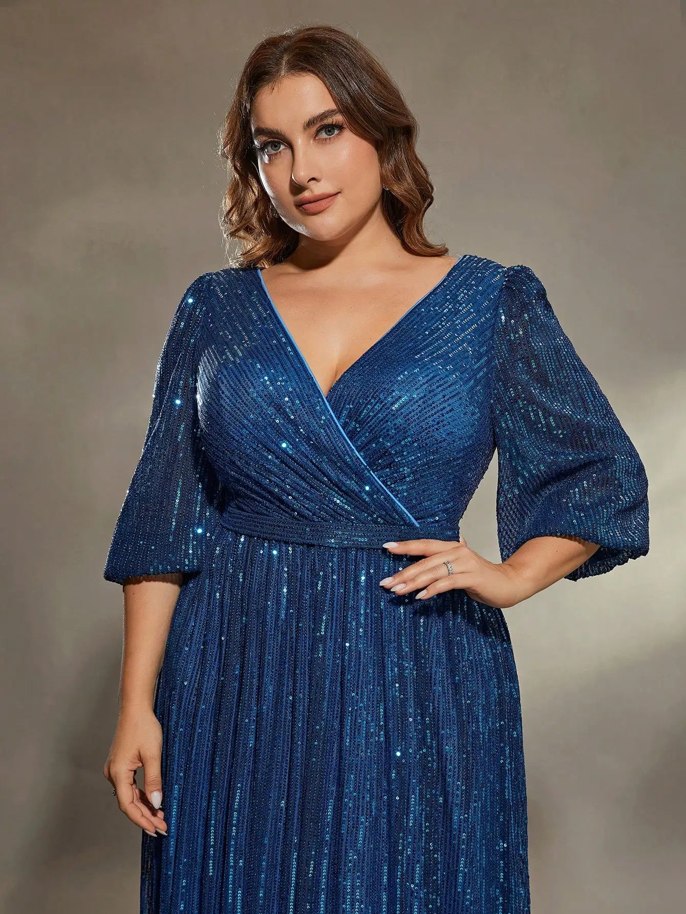 Blue Plus Size V Neck Pleated Sequin Evening Party Dress