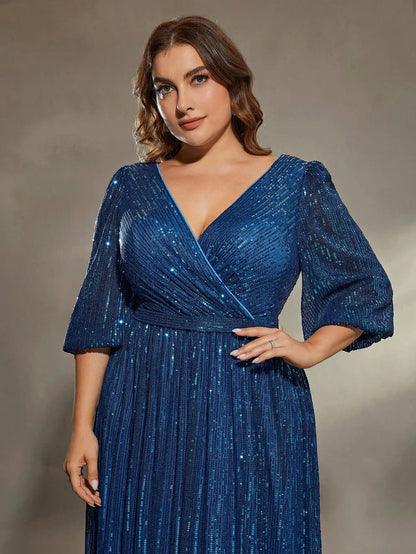 Blue Plus Size V Neck Pleated Sequin Evening Party Dress