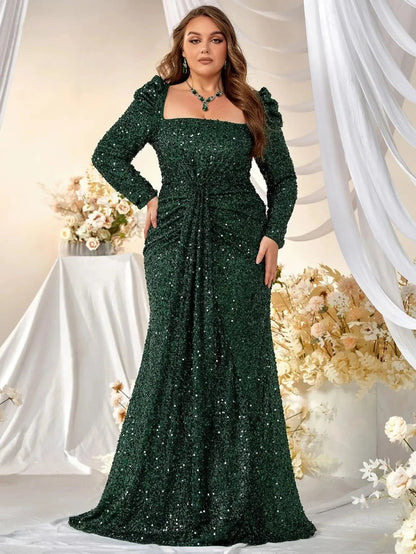 dark green sequinned long sleeve party dress