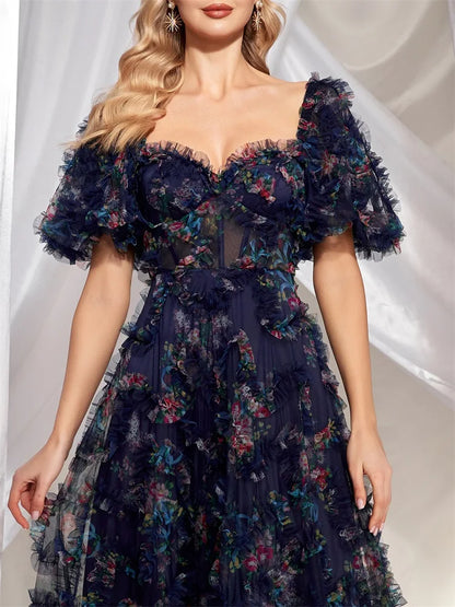 Navy Floral Tulle Short Sleeve Evening Party Dresses