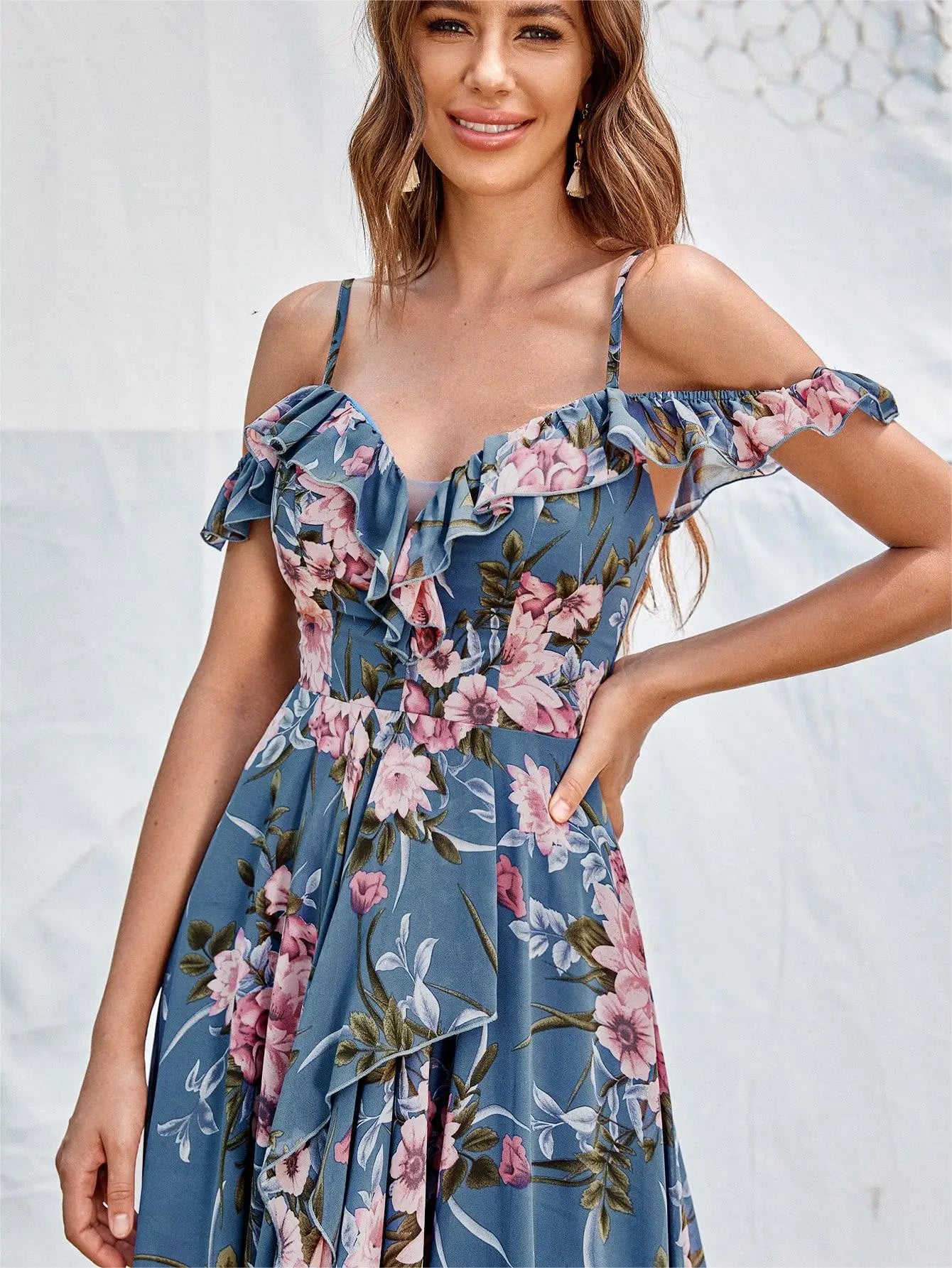 Off The Shoulder High Low Elegant Floral Chiffon Dress