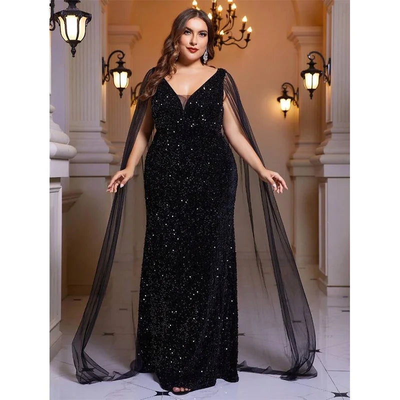 chiffon cape and velvet with sequins evening dress-formal elegance