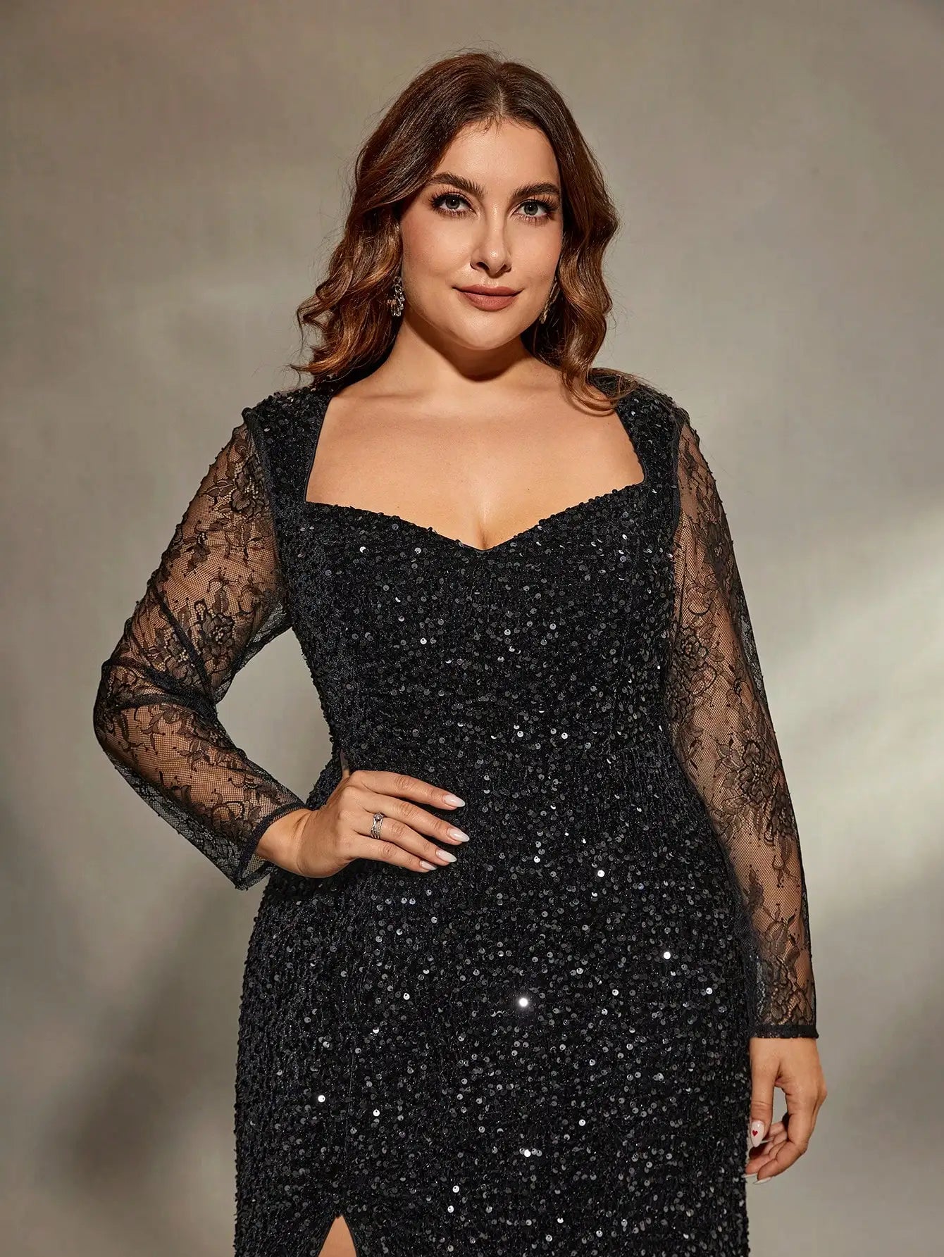 Black Plus Size Sequin Lace Long Sleeve Party Dress