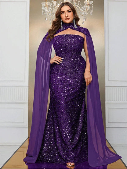 purple sequins with chiffon cape evening dress-formal elegance