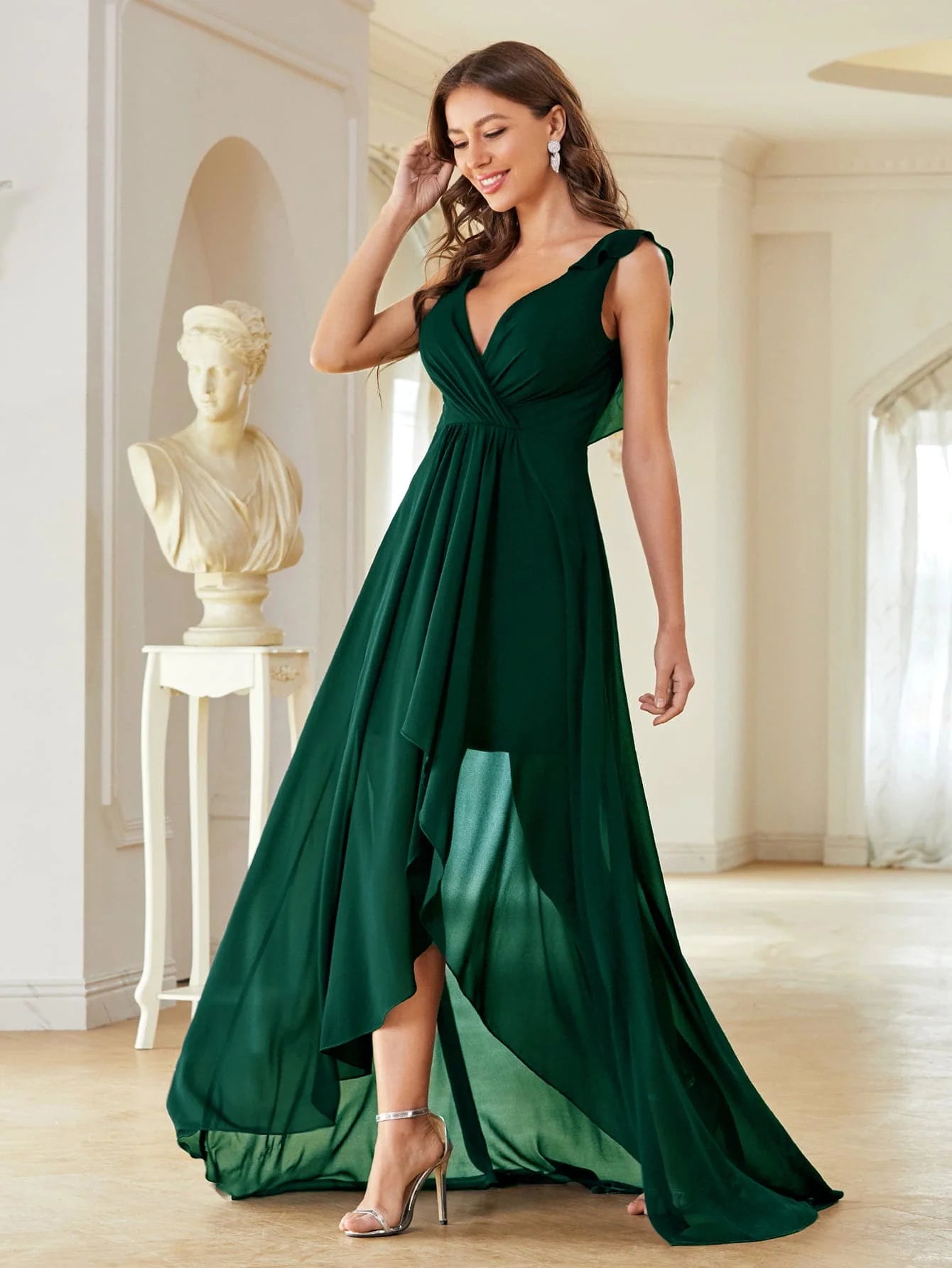 Green High Low Style Chiffon Front Ruffle Trim Party Dress=Formal Elegance