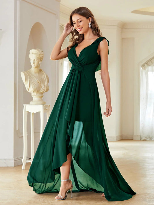 Green High Low Style Chiffon Front Ruffle Trim Party Dress=Formal Elegance